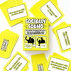 The 'Socially Sound' social interaction game and its yellow cards are arranged in a flat-lay pattern on a white background.