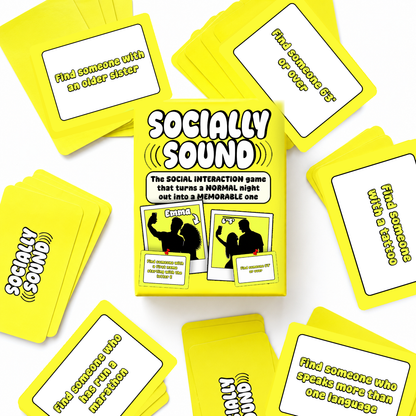 The 'Socially Sound' social interaction game and its yellow cards are arranged in a flat-lay pattern on a white background.